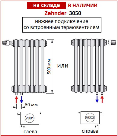 Радиатор Zehnder 3050 с нижним подключением и встроенным термовентилем