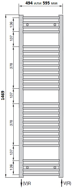 Размеры полотенцесушителя Zehnder Aura Bow высотой 1469 мм