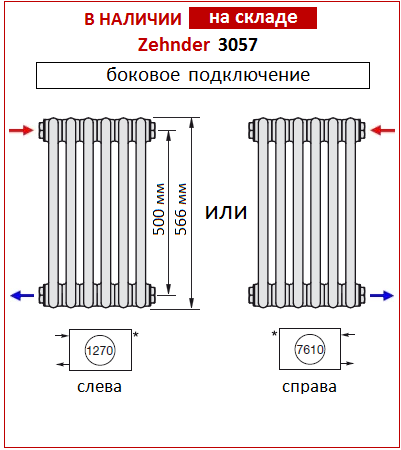 Радиатор Zehnder Charleston 3057 с боковым подключением
