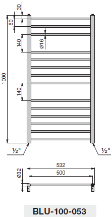Размеры полотенцесушителя Zehnder Bluebell модели BLU-100-053 Inox